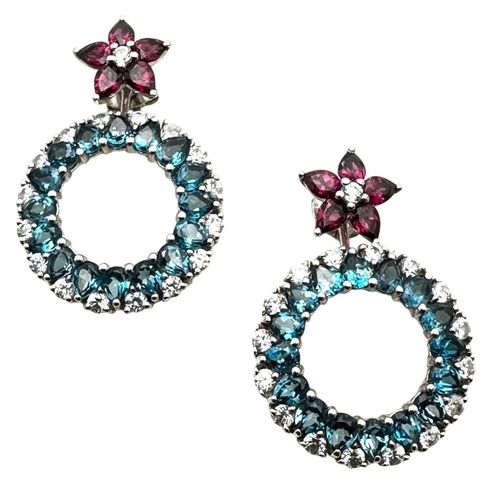 Designer TJC Earrings Sterling Silver Pierced Garnet Blue Topaz Clear Spinel